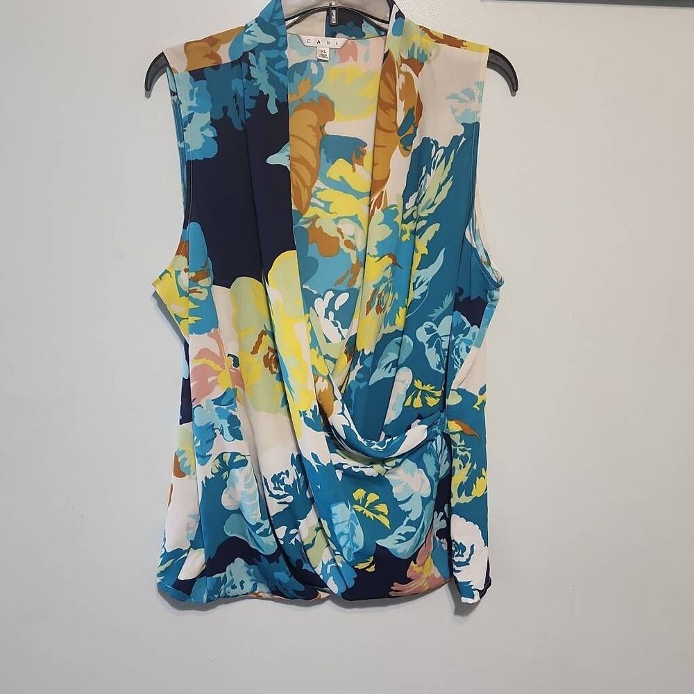CABI XL TOP BLUE YELLOW TEAL WHITE BROWN FLORAL V Neck DRAPED SLEEVELESS 741